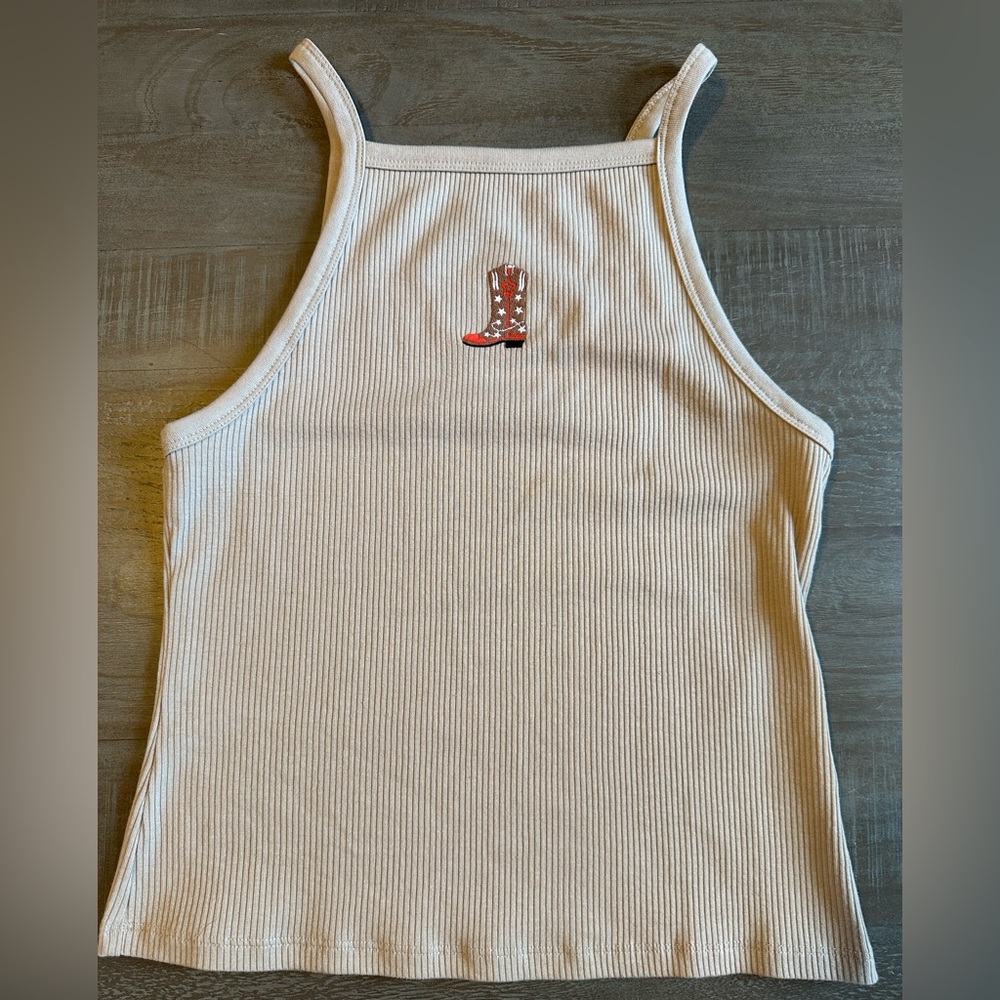 SO Beige Ribbed Tank Top with  Cowboy Boot Embroidery